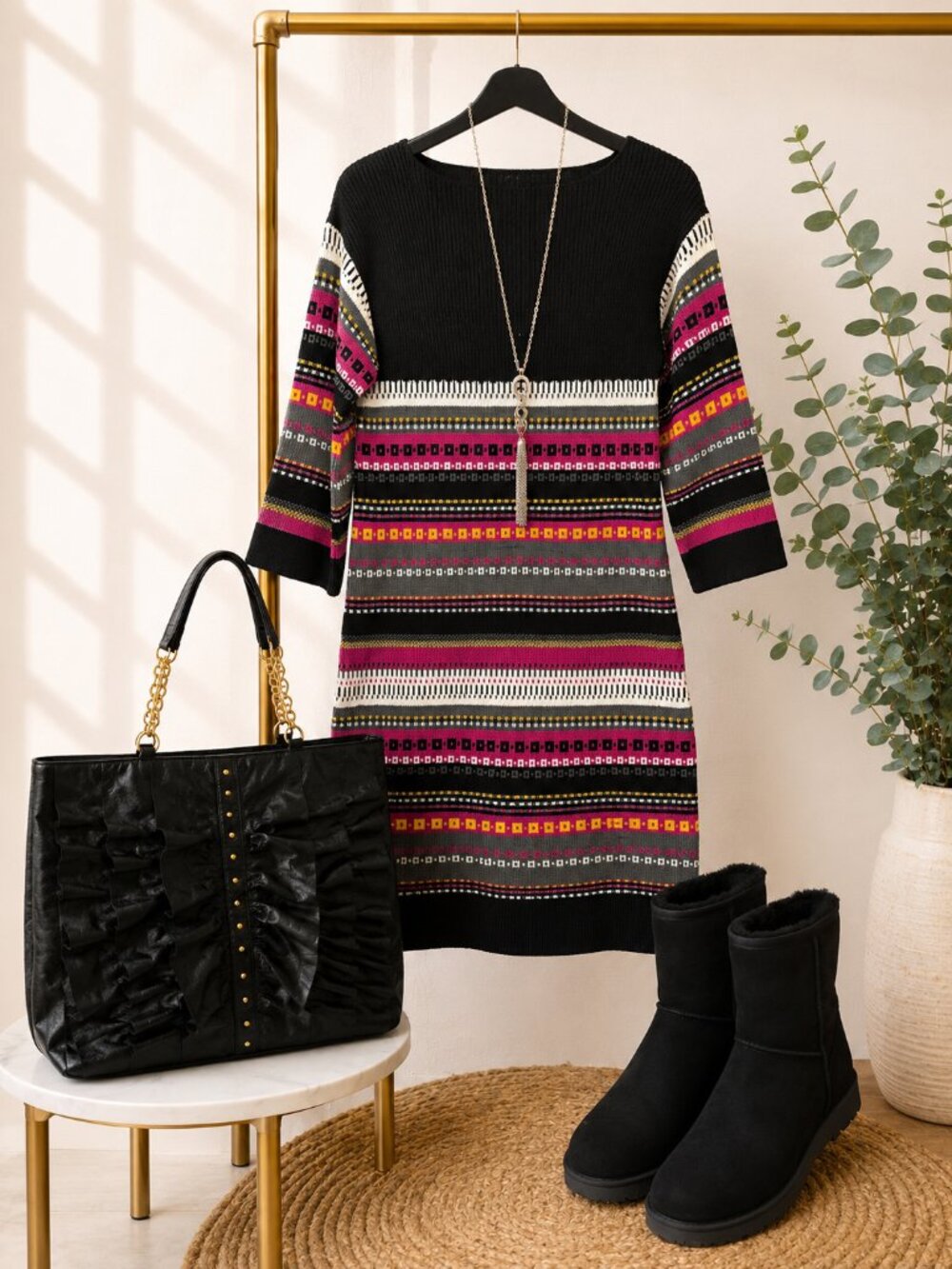 Vintage Steve Madden Après Ski Sweater Dress Large Boho Fair Isle | READ DETAILS
